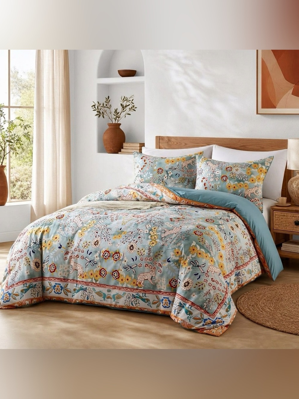 NEW Anthro Blue Jungle Multicolor Boho Queen / King Bedding Duvet & Sham Case - Picture 5 of 16